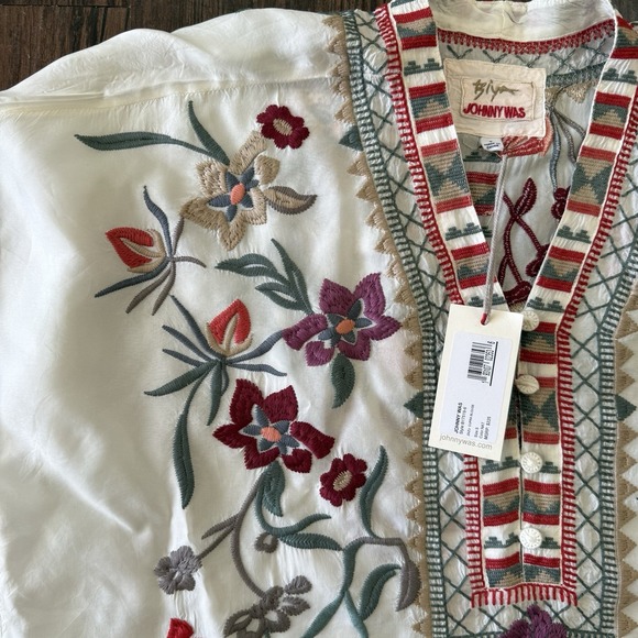 Johnny Was Tops - Biya by Johnny Was Small Zazu Cupra Blouse White Floral Embroidered Boho Top